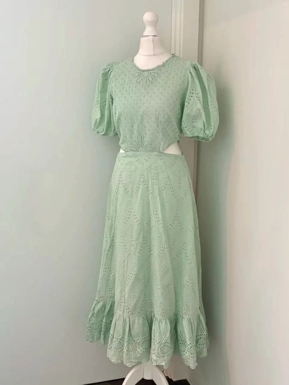 Puff Sleeve Eyelet Maxi Dress in Mint Green